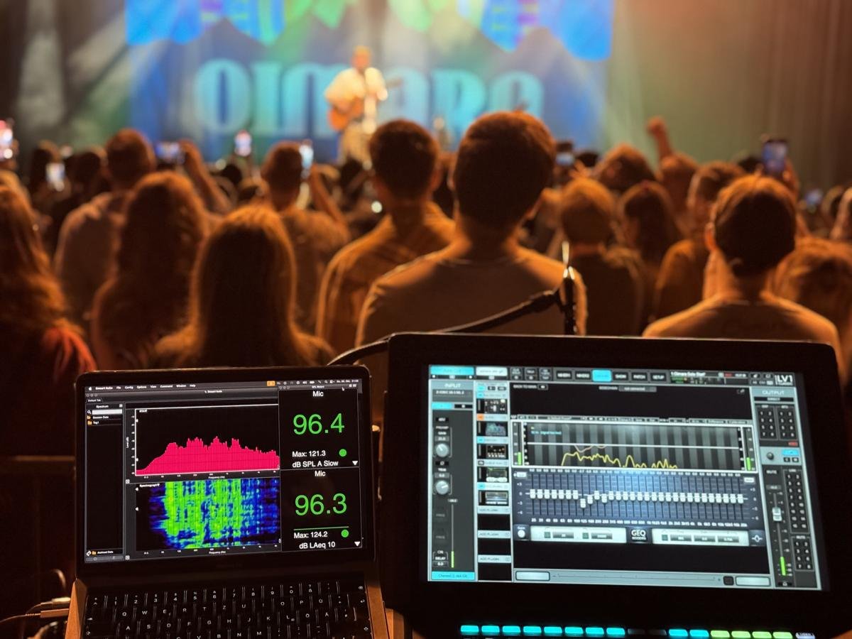 FOH-Platz bei einem Oimara-Konzert mit Pegelanzeige und Mischpult